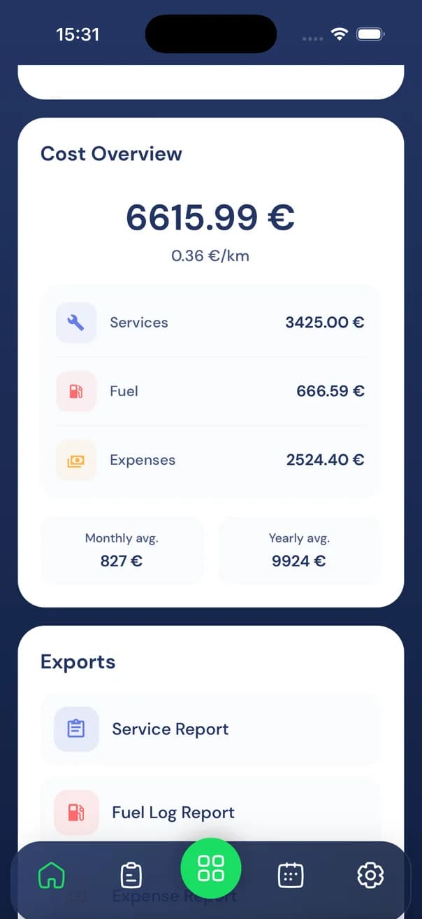 Actual app cost overview showing service, fuel and expense totals