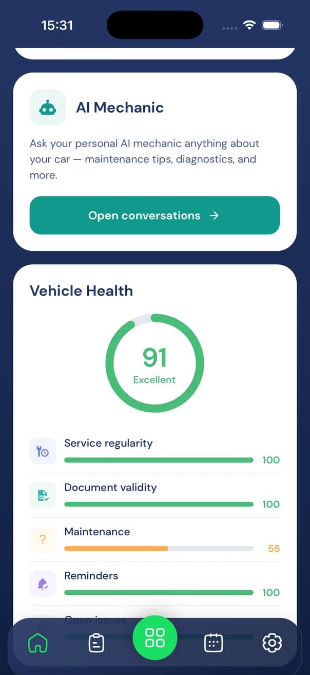 Actual app showing vehicle health and maintenance indicators